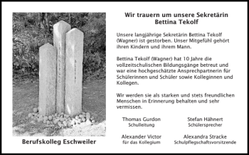 Traueranzeige von um Sekretärin Bettina Tekolf Berufskolleg Eschweiler  von Super Sonntag / Super Mittwoch