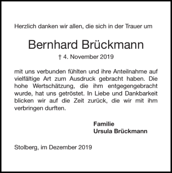 Traueranzeige von Bernhard Brückmann von Super Sonntag / Super Mittwoch