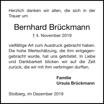 Traueranzeige von Bernhard Brückmann von Super Sonntag / Super Mittwoch