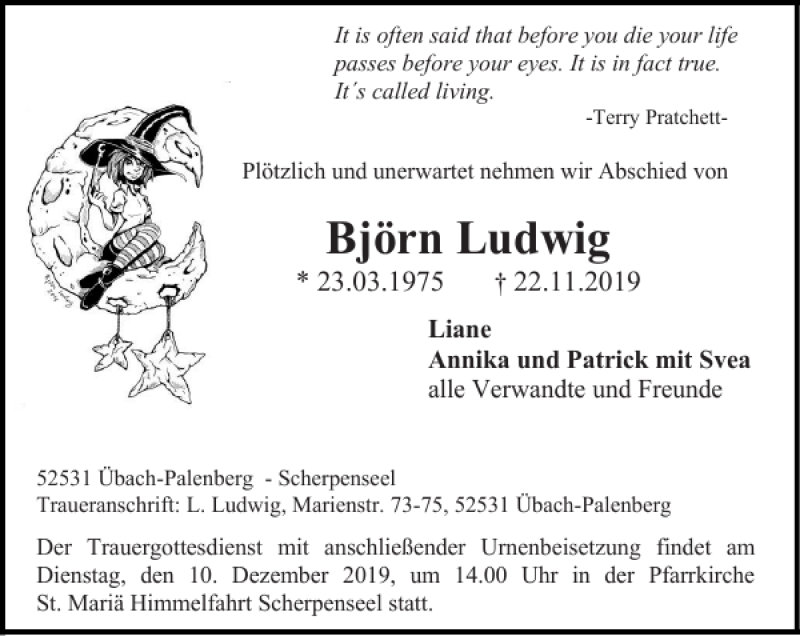  Traueranzeige für Björn Ludwig vom 01.12.2019 aus Super Sonntag / Super Mittwoch