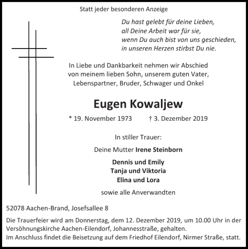  Traueranzeige für Eugen Kowaljew vom 08.12.2019 aus Super Sonntag / Super Mittwoch