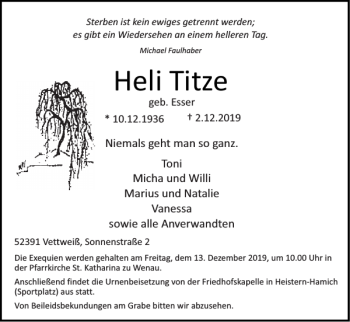 Traueranzeige von Heli Titze von Super Sonntag / Super Mittwoch