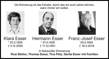 Traueranzeige von Klara Esser Hermann Esser Franz-Josef Esser  von Super Sonntag / Super Mittwoch