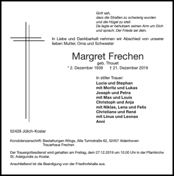 Traueranzeige von Margret Frechen von Aachener Zeitung / Aachener Nachrichten