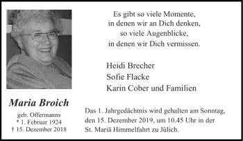 Traueranzeige von Maria Broich von Super Sonntag / Super Mittwoch