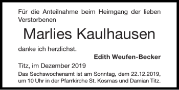 Traueranzeige von Marlies Kaulhausen von Super Sonntag / Super Mittwoch