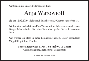 Traueranzeige von Anja Warowioff von Aachener Zeitung / Aachener Nachrichten