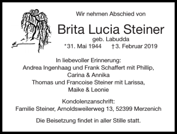 Traueranzeige von Brita Lucia Steiner von Super Sonntag / Super Mittwoch