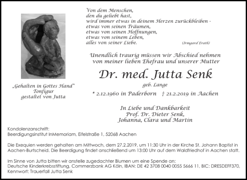  Traueranzeige für Dr. med. Jutta Senk vom 23.02.2019 aus Aachener Zeitung / Aachener Nachrichten