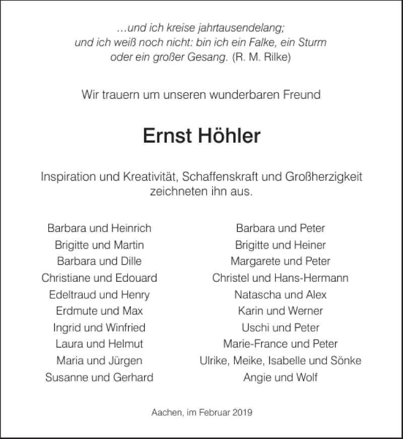  Traueranzeige für Ernst Höhler vom 09.02.2019 aus Aachener Zeitung / Aachener Nachrichten