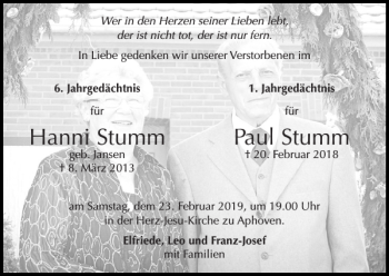 Traueranzeige von Hanni Stumm Paul Stumm von Super Sonntag / Super Mittwoch