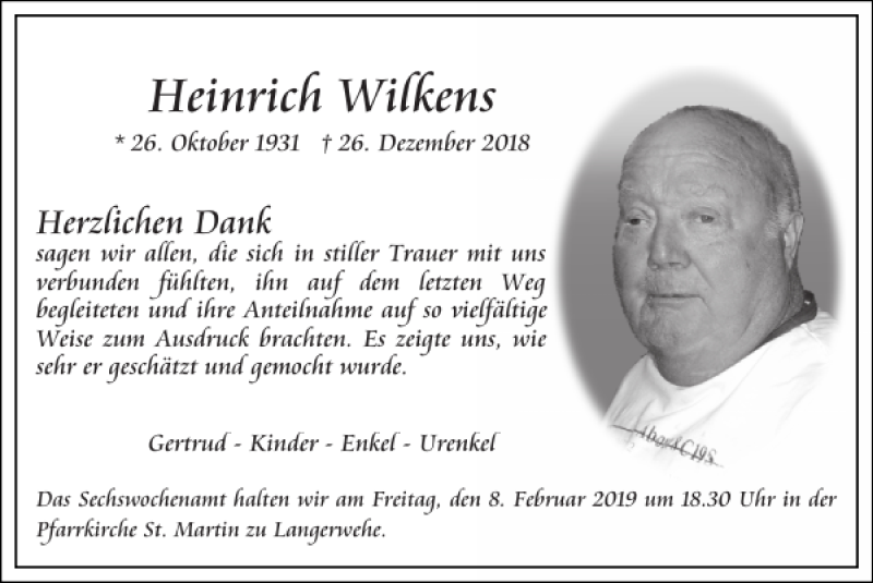 Traueranzeigen von Heinrich Wilkens Aachen gedenkt