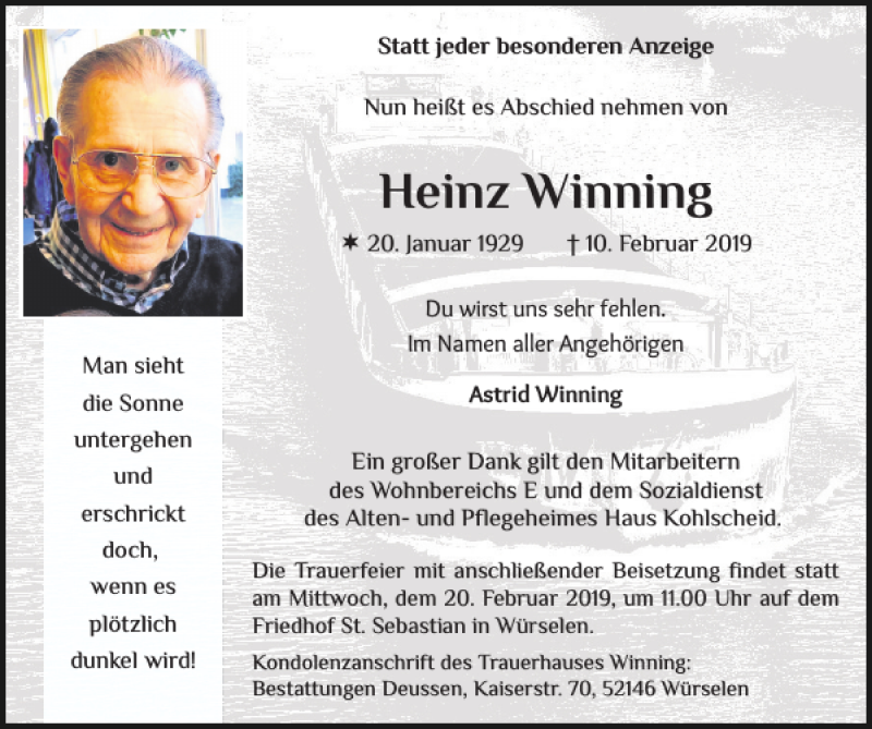  Traueranzeige für Heinz Winning vom 17.02.2019 aus Super Sonntag / Super Mittwoch