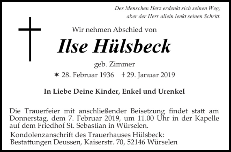  Traueranzeige für Ilse Hülsbeck vom 02.02.2019 aus Aachener Zeitung / Aachener Nachrichten
