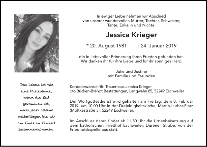  Traueranzeige für Jessica Krieger vom 02.02.2019 aus Aachener Zeitung / Aachener Nachrichten