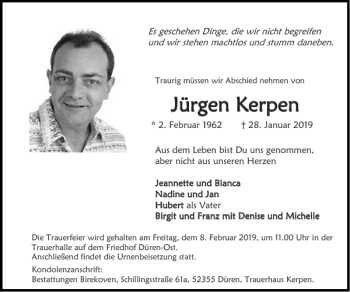 Traueranzeige von Jürgen Kerpen von Super Sonntag / Super Mittwoch