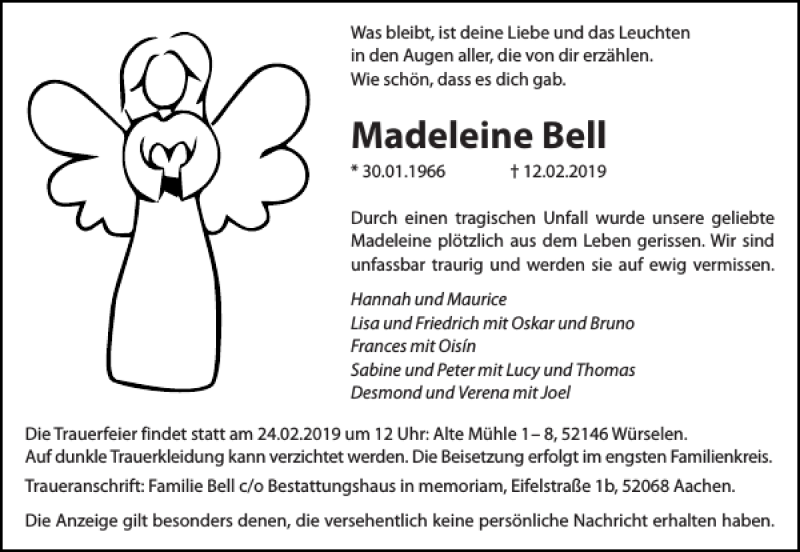  Traueranzeige für Madeleine Bell vom 20.02.2019 aus Aachener Zeitung / Aachener Nachrichten