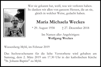 Traueranzeige von Maria Michaela Weckes von Super Sonntag / Super Mittwoch