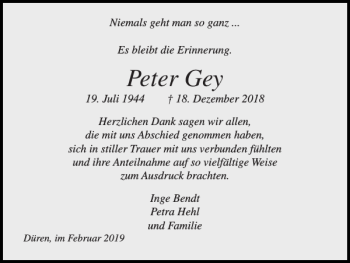 Traueranzeige von Peter Gey von Super Sonntag / Super Mittwoch