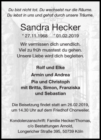 Traueranzeige von Sandra Hecker von Super Sonntag / Super Mittwoch