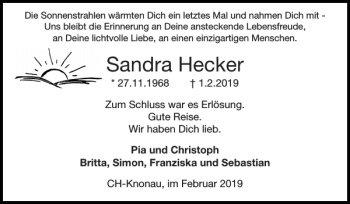 Traueranzeige von Sandra Hecker von Super Sonntag / Super Mittwoch