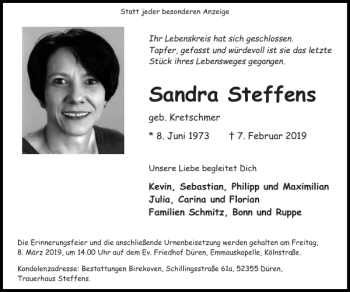Traueranzeige von Sandra Steffens von Super Sonntag / Super Mittwoch