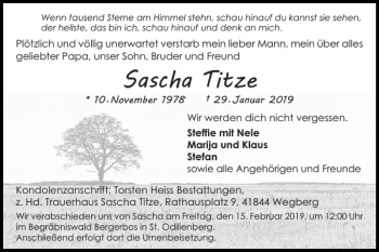 Traueranzeige von Sascha Titze von Super Sonntag / Super Mittwoch