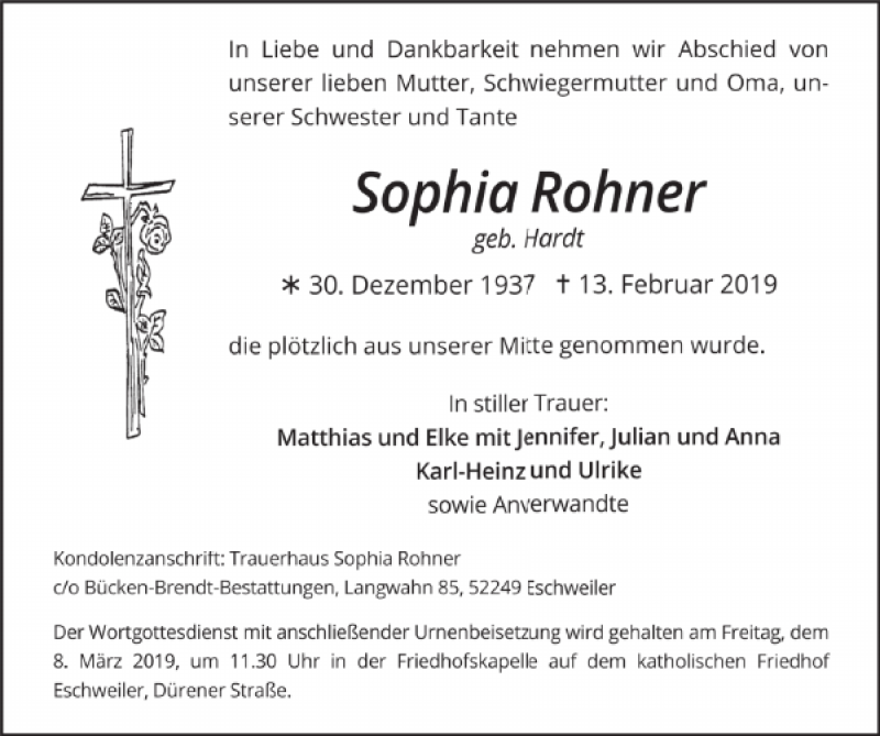  Traueranzeige für Sophia Rohner vom 24.02.2019 aus Super Sonntag / Super Mittwoch