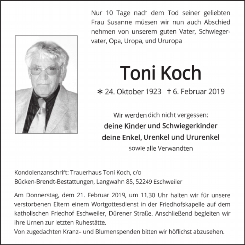  Traueranzeige für Toni Koch vom 17.02.2019 aus Super Sonntag / Super Mittwoch