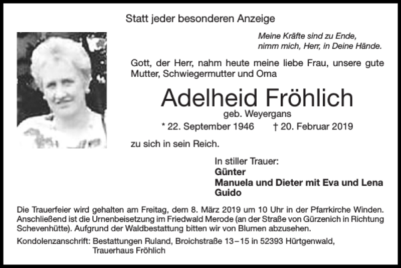 Traueranzeige für Adelheid Fröhlich vom 03.03.2019 aus Super Sonntag / Super Mittwoch