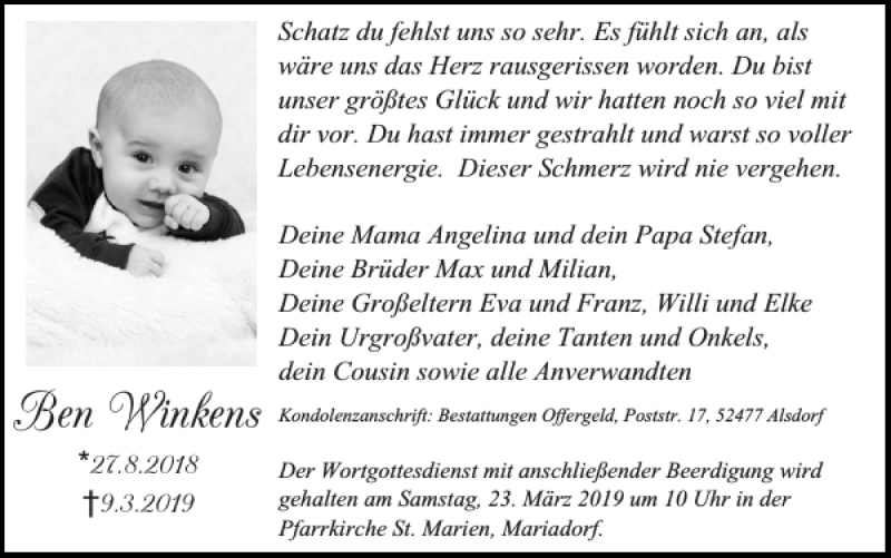  Traueranzeige für Ben Winkens vom 17.03.2019 aus Super Sonntag / Super Mittwoch