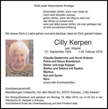 Traueranzeige von Cilly Kerpen von Super Sonntag / Super Mittwoch