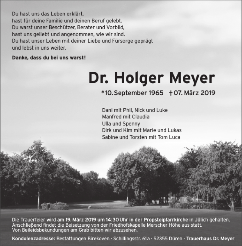  Traueranzeige für Dr. Holger Meyer vom 16.03.2019 aus Aachener Zeitung / Aachener Nachrichten