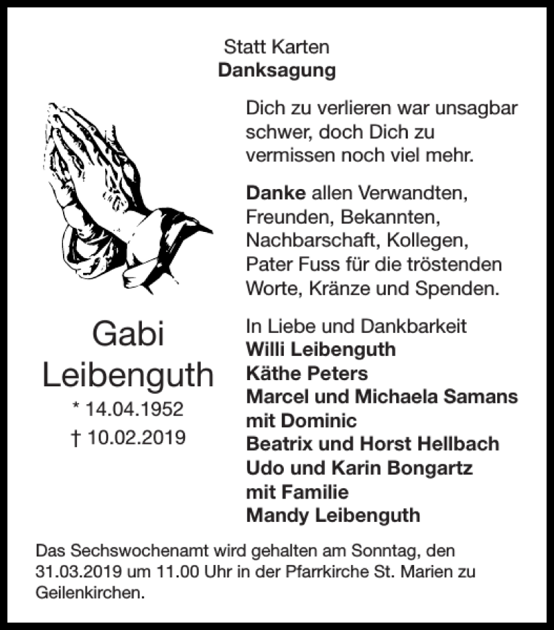 Traueranzeigen von Gabi Leibenguth Aachen gedenkt