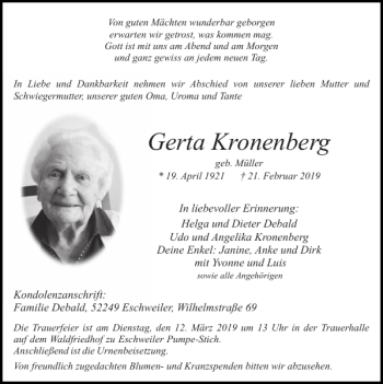 Traueranzeige von Gerta Kronenberg von Super Sonntag / Super Mittwoch