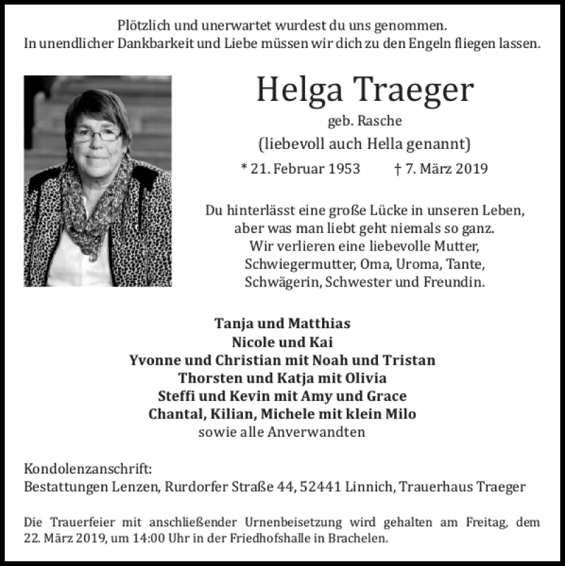  Traueranzeige für Helga Traeger vom 17.03.2019 aus Super Sonntag / Super Mittwoch