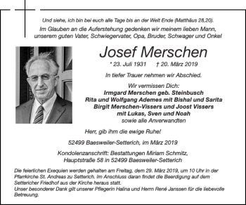 Traueranzeige von Josef Merschen von Super Sonntag / Super Mittwoch