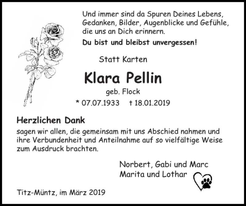  Traueranzeige für Klara Pellin vom 03.03.2019 aus Super Sonntag / Super Mittwoch