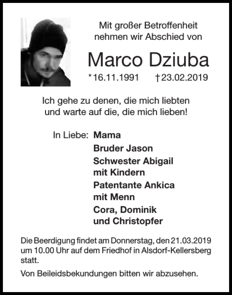  Traueranzeige für Marco Dziuba vom 17.03.2019 aus Super Sonntag / Super Mittwoch