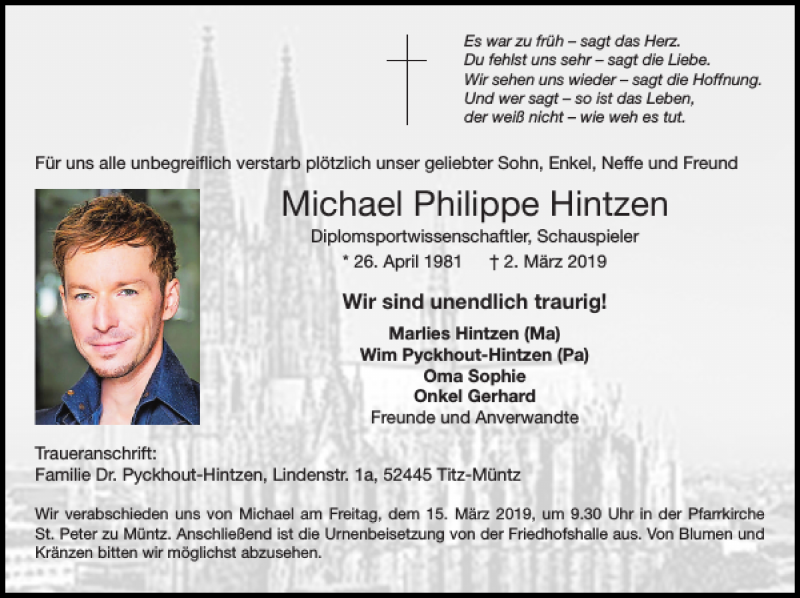  Traueranzeige für Michael Philippe Hintzen vom 10.03.2019 aus Super Sonntag / Super Mittwoch