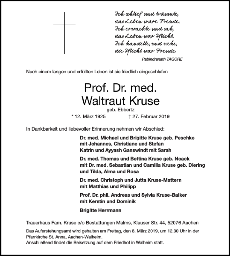  Traueranzeige für Prof. Dr. med. Waltraut Kruse vom 02.03.2019 aus Aachener Zeitung / Aachener Nachrichten
