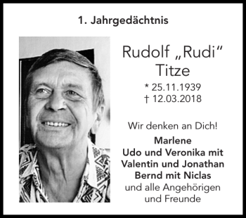 Traueranzeige von Rudolf Rudi Titze von Super Sonntag / Super Mittwoch