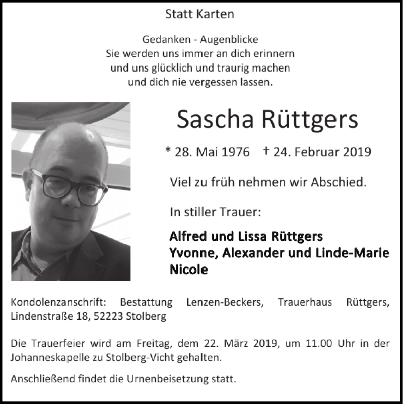  Traueranzeige für Sascha Rüttgers vom 17.03.2019 aus Super Sonntag / Super Mittwoch