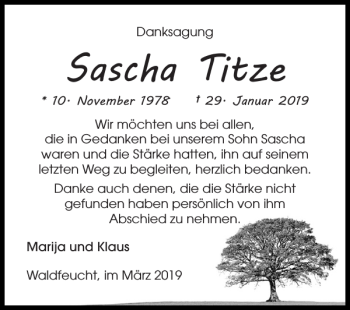 Traueranzeige von Sascha Titze von Super Sonntag / Super Mittwoch