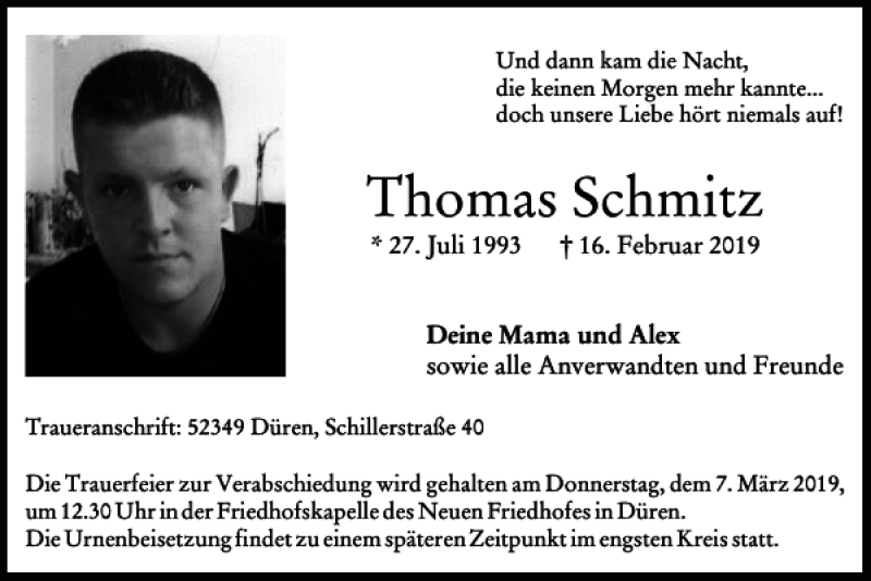  Traueranzeige für Thomas Schmitz vom 03.03.2019 aus Super Sonntag / Super Mittwoch