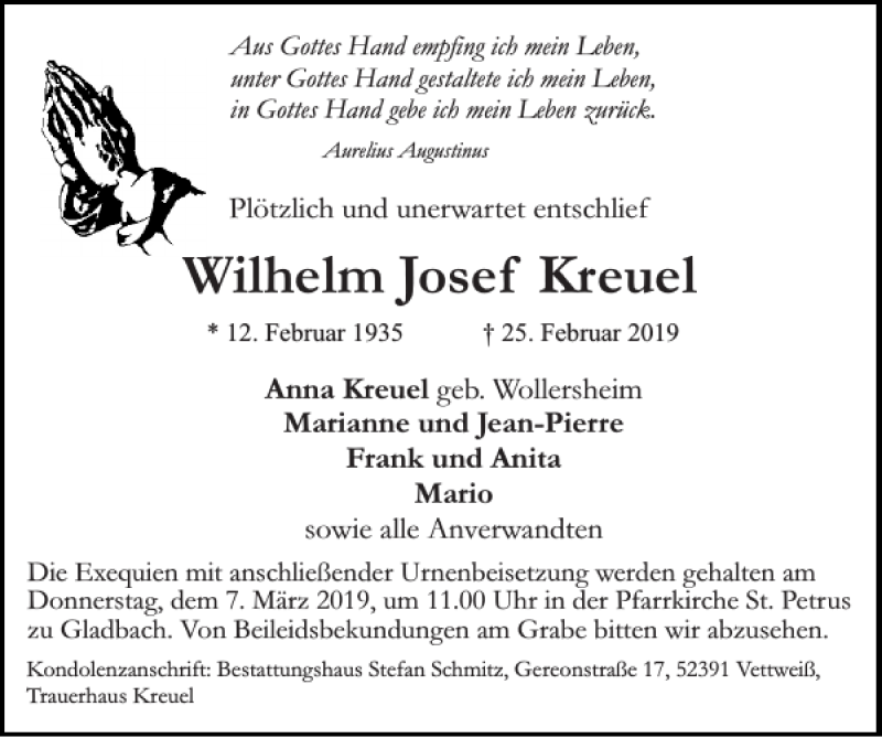  Traueranzeige für Wilhelm Josef Kreuel vom 03.03.2019 aus Super Sonntag / Super Mittwoch