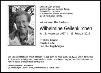 Traueranzeige von Wilhelmine Geilenkirchen von Aachener Zeitung / Aachener Nachrichten