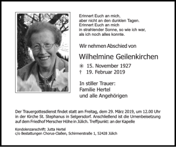 Traueranzeige von Wilhelmine Geilenkirchen von Super Sonntag / Super Mittwoch