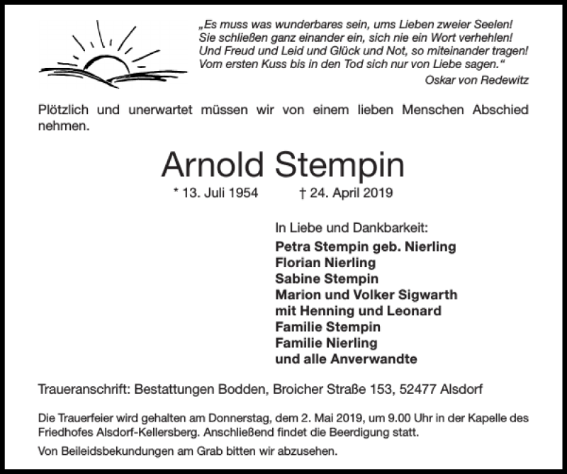  Traueranzeige für Arnold Stempin vom 28.04.2019 aus Super Sonntag / Super Mittwoch