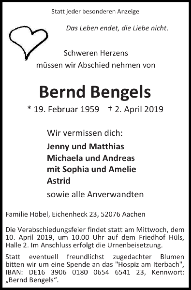 Traueranzeige für Bernd Bengels vom 07.04.2019 aus Super Sonntag / Super Mittwoch